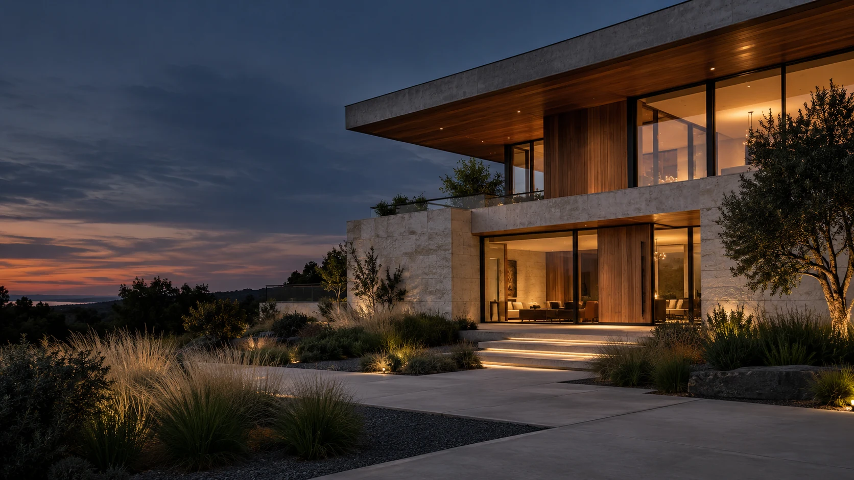 Architectural concept of a contemporary home with warm interior light, stone walls, and deep roof overhangs