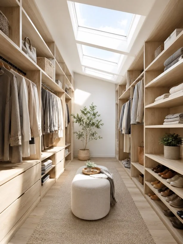 Walk-in closet with open shelving, hanging storage, and a skylight