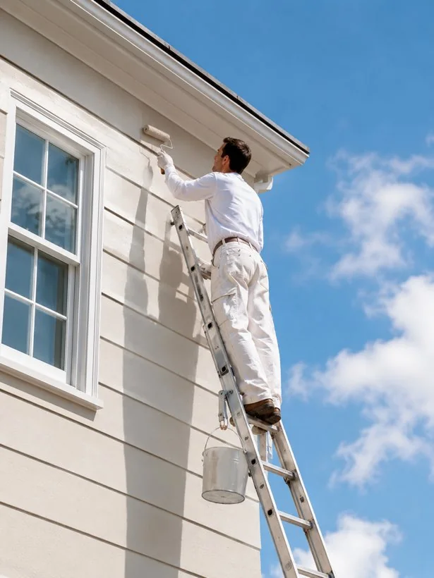 Worker painting the siding of a house