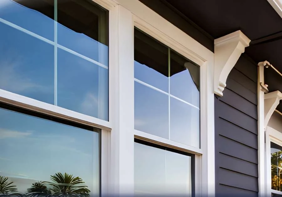 White-framed residential windows in a finished exterior