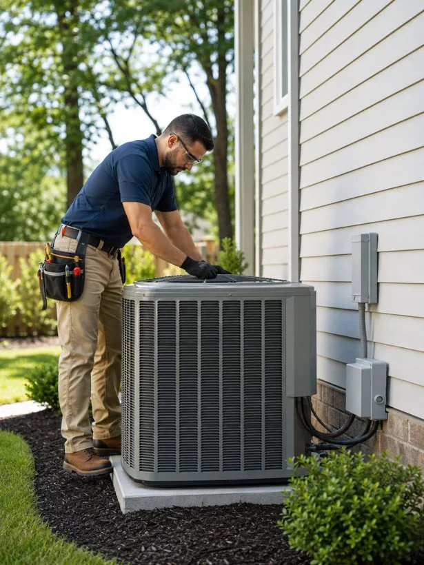 Technician working on an outdoor air-conditioning unit