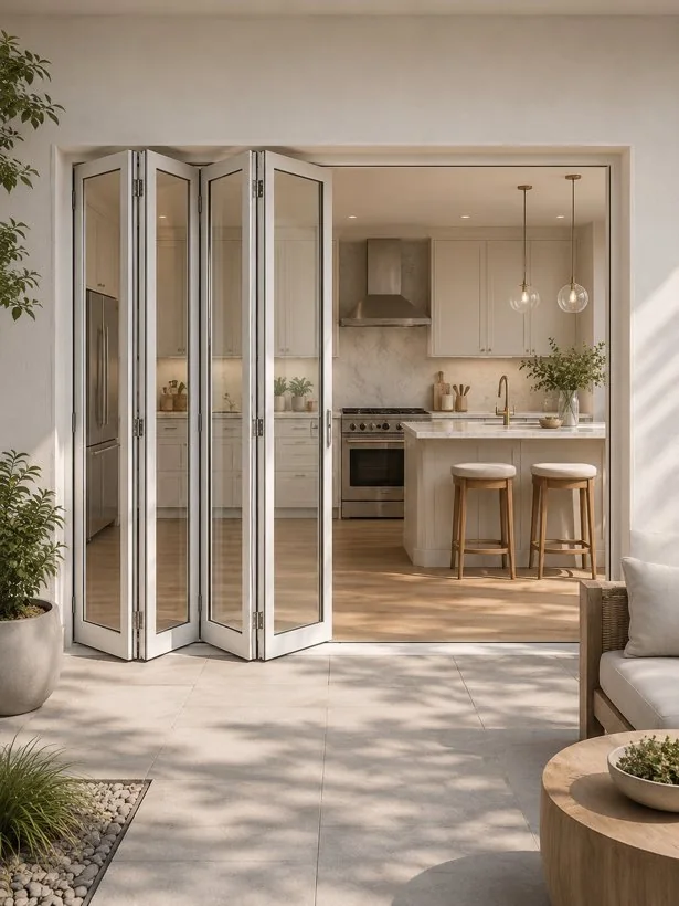 Wide folding patio doors opening into a kitchen