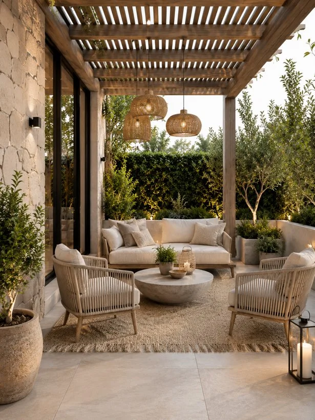 Shaded outdoor seating beneath a slatted pergola