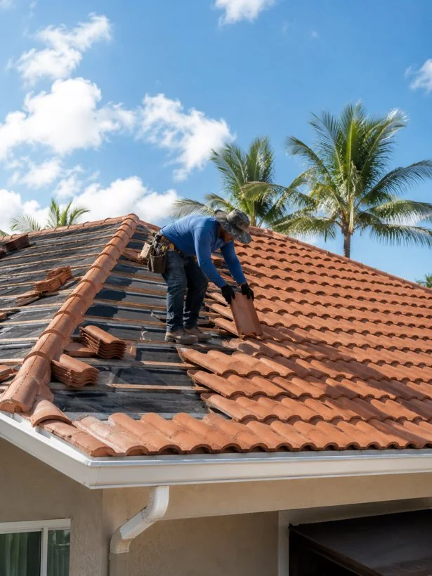 Roofing worker installing red tiles on a residential roof